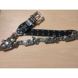 Ladies Black Leather Metal Motorcycle Belt W/Rhinestones SZ Large Goth‎ Grunge
